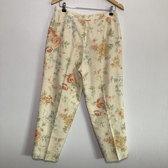 Talbots Pants Womens 10 Yellow Linen Floral Cottage Ankle Tapered Resort Vintage - Picture 6 of 12